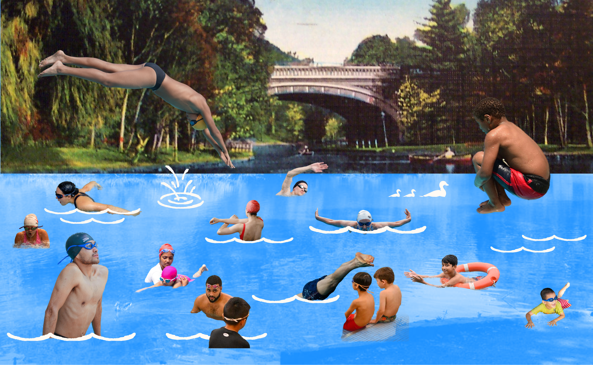 A collage of people swimming in Prospect Park Lake.